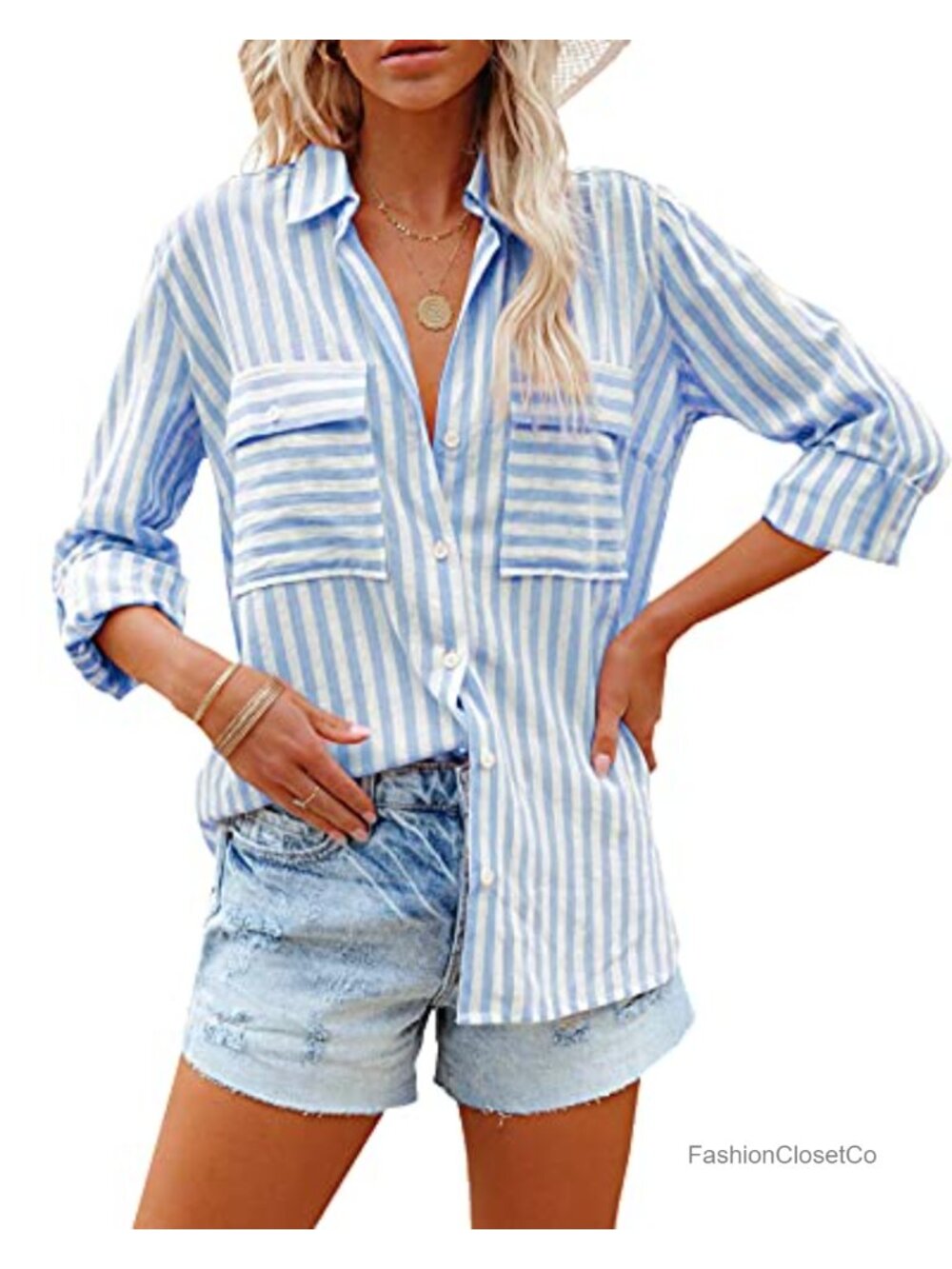 Women's Striped Button Down V Neck Long Sleeve Blouse with Pockets